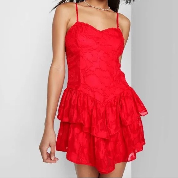 Wild Fable Tiered Jacquard Fit & Flare Red Mini Dress, xs - Picture 2 of 4